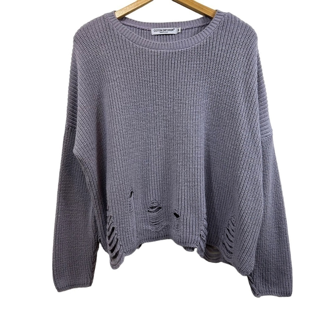 Cotton Emporium Purple Lavender Oversized Crewneck Distressed Sweater, M